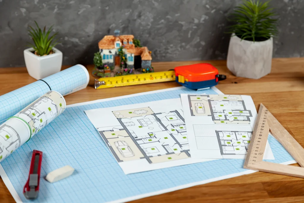Planos de arquitectura de una casa incluyendo Calefacción Central